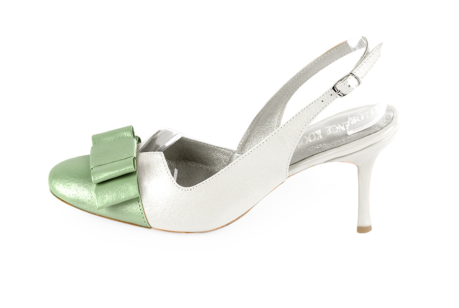 Mint green and pure white women's open back shoes, with a knot. Round toe. High slim heel. Profile view - Florence KOOIJMAN